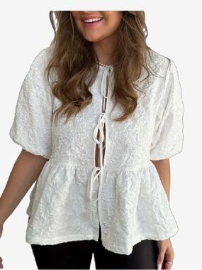 White Textured Tie-Front Peplum Top - Women